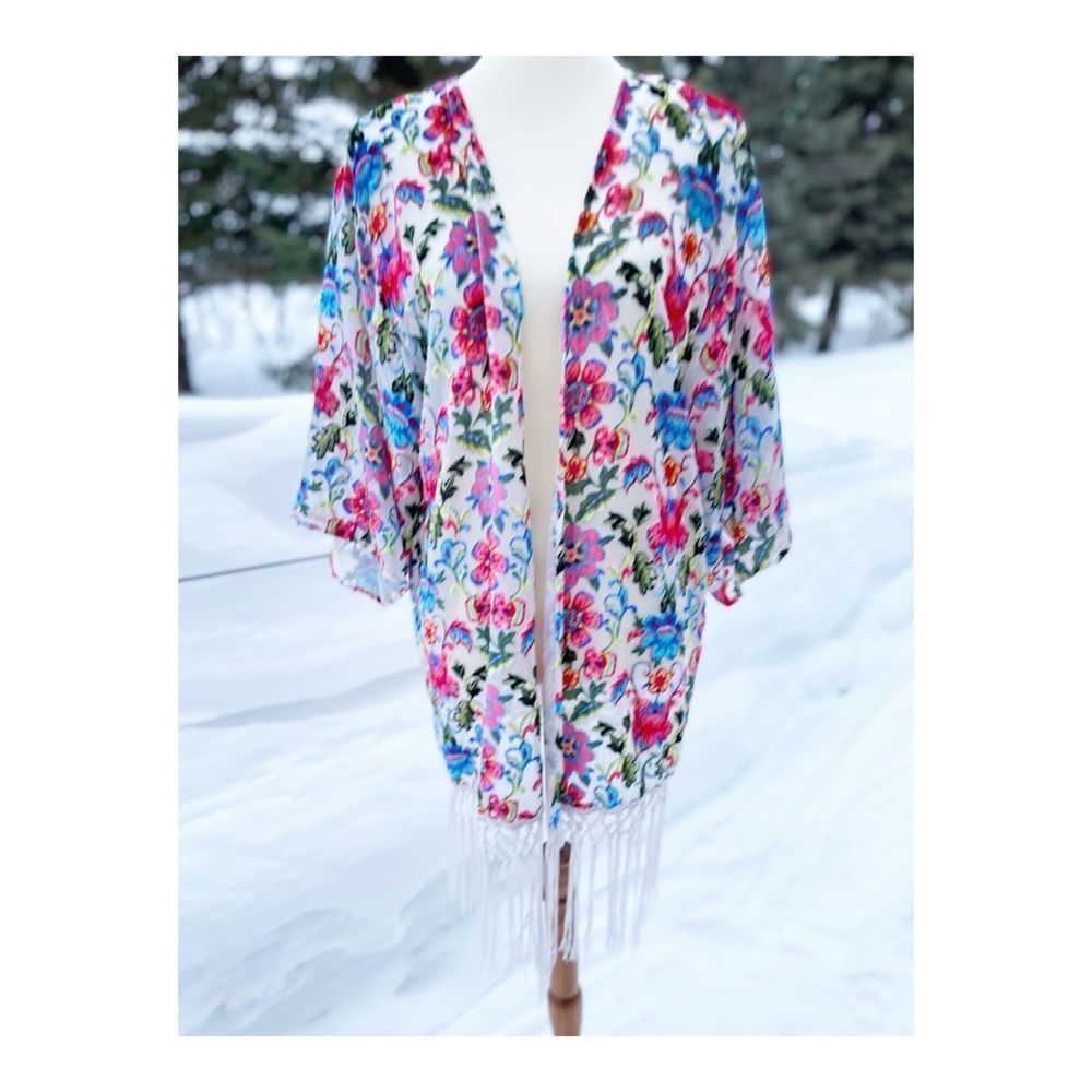 Japna Lounge Flocked Floral Duster Rainbow Sheer Burnout Fringe Kimono Sleeve S
